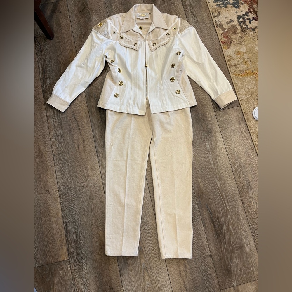 VTG Cream 2 Pc Pant Suit Set Gold Button Military Jacket Straight Leg Pants